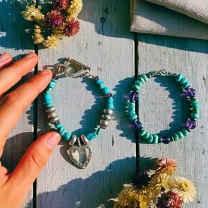 Turquoise and Amethyst Heart Bracelet Stack – Artisan Gemstone Set